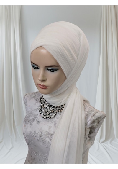 Kırık Beyaz Gelinbaşı Sarma Sevda Model Hazır Duvak Hazır Şal Hazır Türban