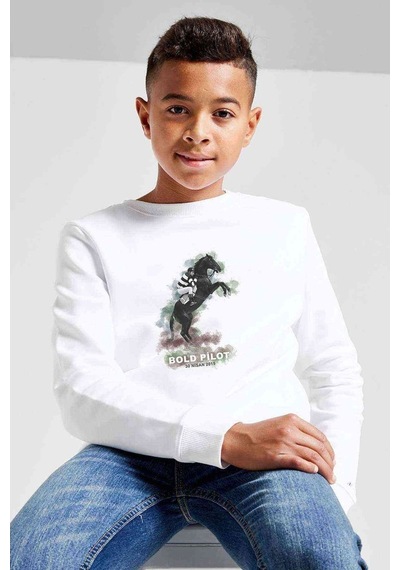 Tshirthane Bold Pilot Baskılı Unisex Çocuk Beyaz Sweatshirt Beyaz