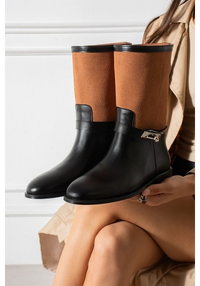 Dabab Shoes Frost Kadın Taba Cilt Ve Deri Tozu Garnili Metal Toka Detaylı Sıcak Astarlı Kaymaz Taban 3 Cm Topuklu Orta Konç Çizme