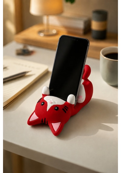 Kırmızı Kedi Figürlü Telefon Tutucu Stand - 3d Baskı Ofis Masaüstü Aksesuarı Ve Biblo