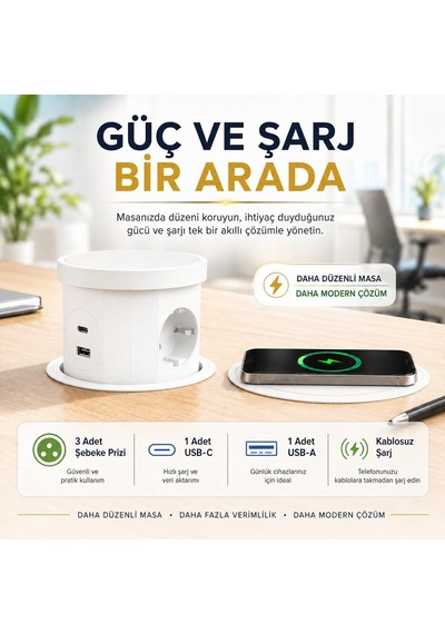 Beyaz Pop Up Gömme Masa Prizi Usb'li Ve Kablosuz Şarjlı Masaüstü Ofis Prizi Standart