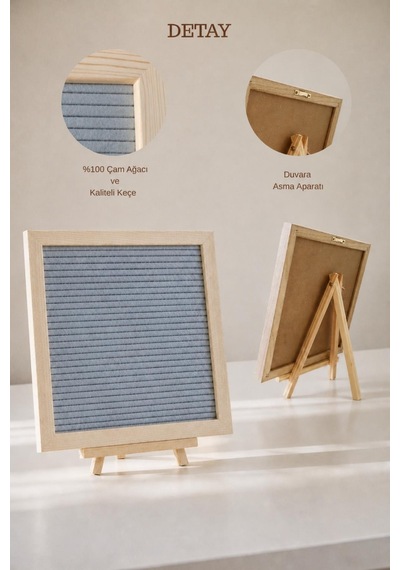 Woodart Premium Letter Board Seti, Füme Antrasit Keçe Yüzeyli Doğal Çam Ahşap Yazı Panosu Şövale Standlı Dekoratif Set Gri