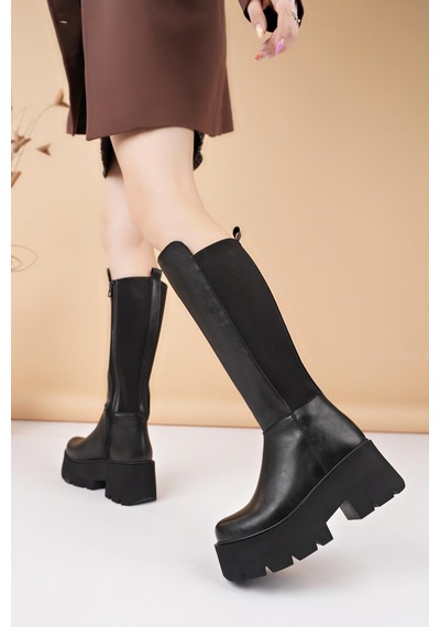 Nesilshoes Nesil Shoes Carel 607 Siyah Strech Platform Kadın Çizme