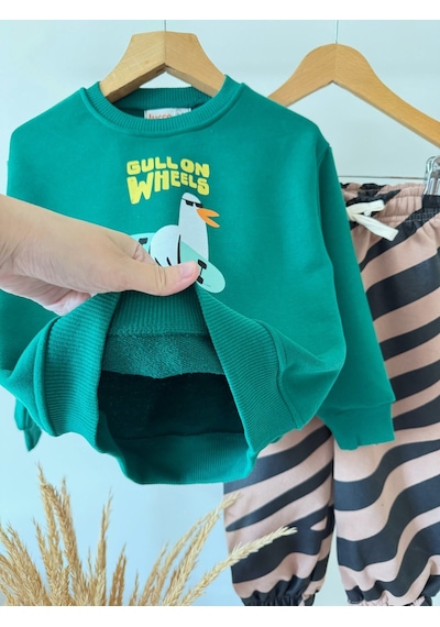 Magu Çocuk Pamuklu Oversize Baskılı Yeşil Sweatshirt Ve Desenli Eşofman Altı Takımı