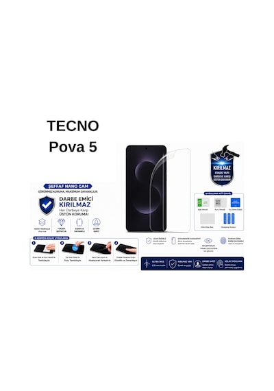 Tecno Pova 5 Uyumlu Şeffaf Nano Kırılmaz Darbe Emici Ekran Koruma