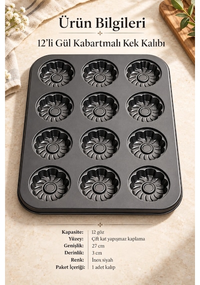 Tilbe Home 12'li Gül Kabartma Muffin Kalıbı Yapışmaz Cupcake Kek Kapsül Brownie Fırın Tepsisi Paslan Siyah