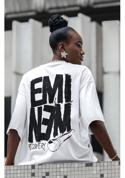 Eminem Recovery Rapper Şarkıcı Sırt Baskılı Unisex Oversize Tişör Beyaz