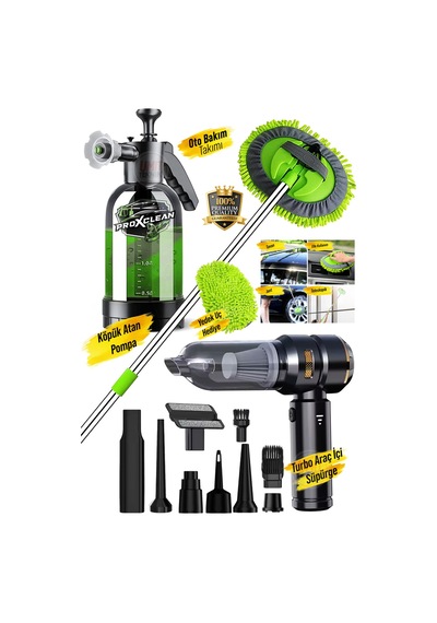Premium Turbo Vakumlu Kablosuz Mini Araç Süpürgesi Köpük Atan Pompa Teleskopik Mikrofiber Takım