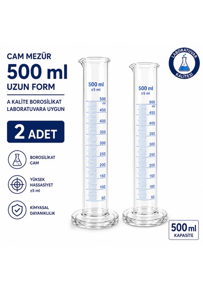 Cam Mezür 500 Ml Uzun Form A Kalite Borosilikat Laboratuvara Uygun 2 Adet