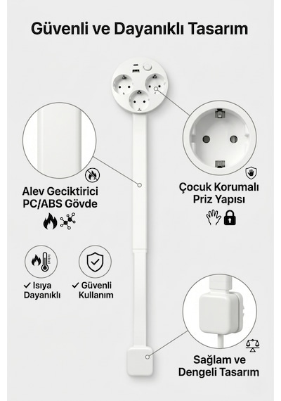 Teleskopik Çoklu Priz 3 Lü Topraklı + Usb-c & Usb-a, Yükseklik Ayarlı, Işıklı Anahtarlı Uzatma Prizi 0.7 M