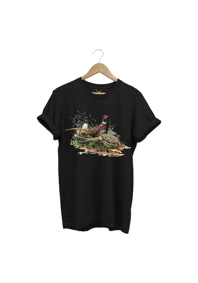 Avcılık Halka Boyunlu Bayağı Sülün Tavus Kuşu Doğa Ağaç Baskılı Regular Fit Siyah T-shirt Siyah