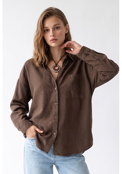 Mixray 4963 Kadın Tencel Kumaş Oversize Cepli Uzun Kollu Gömlek Kahve