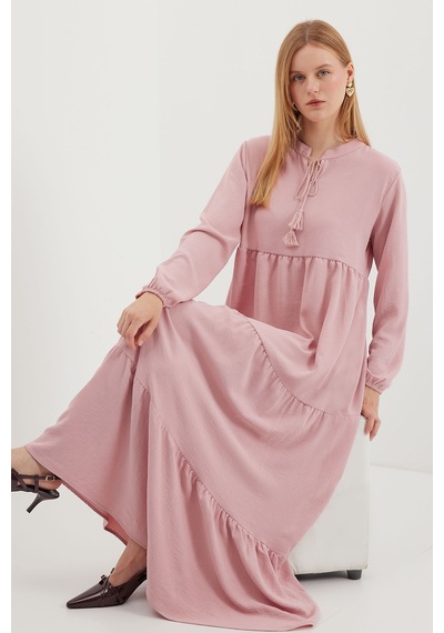 Bigdart 1627 Yaka Bağcıklı Tesettür Elbise - A. Pembe 001
