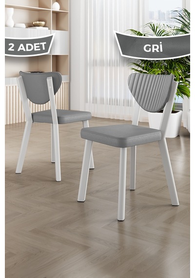 Fubi Serisi 2 Adet Deri Mutfak,cafe, Restaurant Sandalyesi Beyaz Metal İskeletli Gri Sandalye Beyaz İskelet