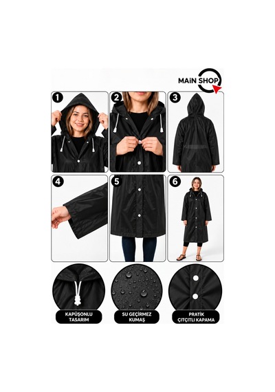 Mainshop Unisex Yağmurluk Kapüşonlu Çıtçıtlı Su Geçirmez Uzun Yağmurluk Kadın Erkek Siyah