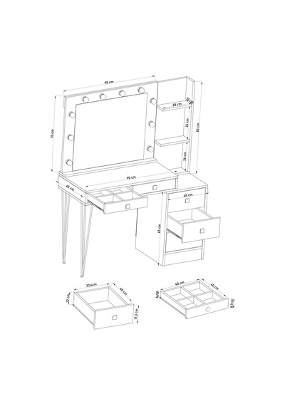 Df02121 Led Işıklı Aynalı Makyaj Masası Raflı Çekmeceli Beyaz Hollywood Model Makyaj Organizer Gri
