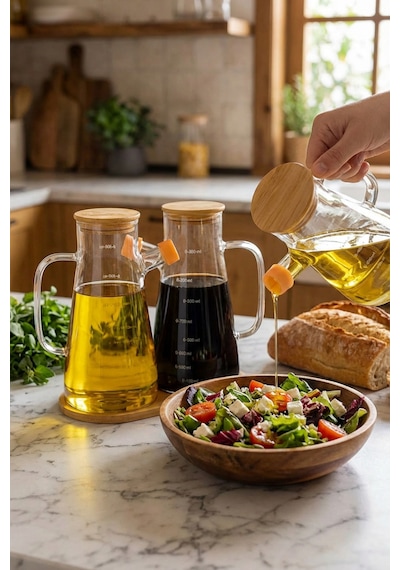 Makri Home 2'li 900 Ml Bambu Kapaklı Ve Altlıklı Borosilikat Cam Yağlık/sirkelik/sosluk Şeffaf