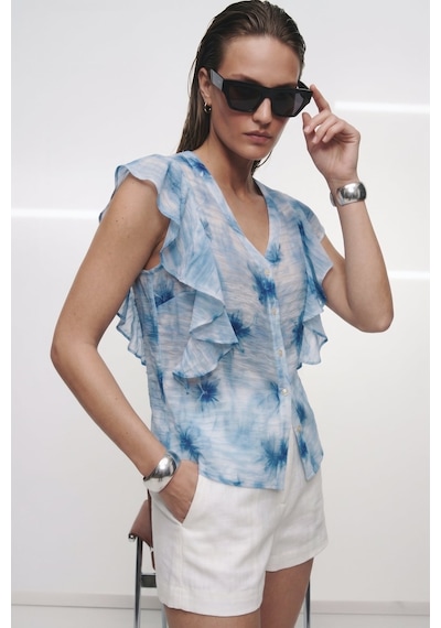 Sateen Fırfır Detaylı Gömlek - Mavi-137363