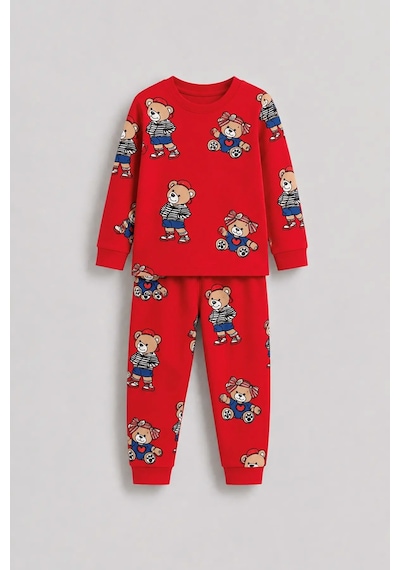 Zuzunga Unisex Kırmızı Renk Ayıcık Desenli Uzun Kollu Pijama Takımı