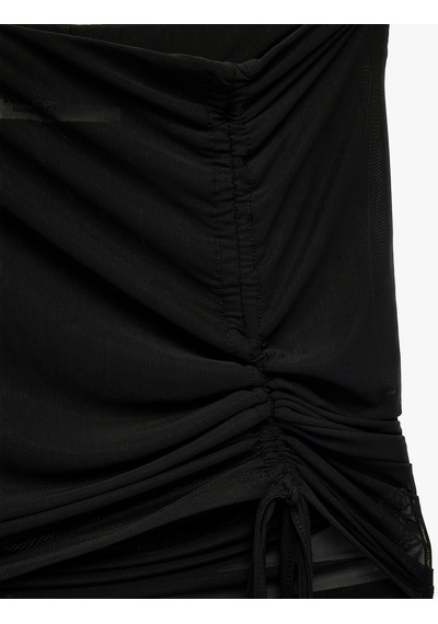 Koton Slim Fit Büzgülü Tül Mini Pareo Plaj Eteği Siyah 6sak70029mk