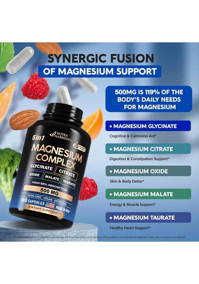 Magnesium 5-in-1 Complex Glycinate, Citrate, Oxide, Malate & Taurate 500 Mg 180 Capsules