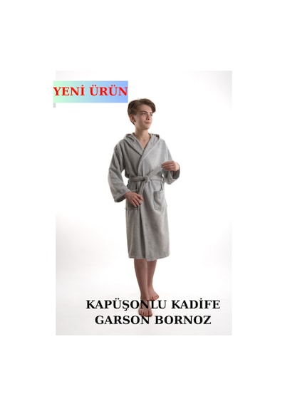 Pamuklu Kapüşonlu Genç Garson Boy Unisex Cepli Bukle Kadife Bornoz Gri