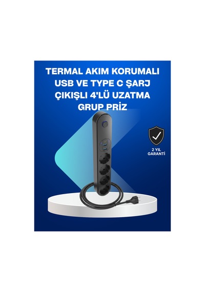 Akıllı Akım Dengelemeli 4 Lü Çoklu Priz Type-c Ve Usb Çıkışlı Çok Renkli 1 - 10 M