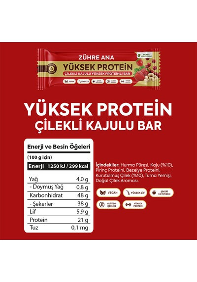 Çilekli Kajulu Yüksek Proteinli Bar, Şeker İlavesiz 40 Gr X 12 Adet