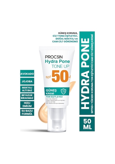 Procsin Hydra Pone Cilt Tonu Eşitleyici Makyaj Efekti Veren Cam Cilt Güneş Kremi SPF50+ 50 ML