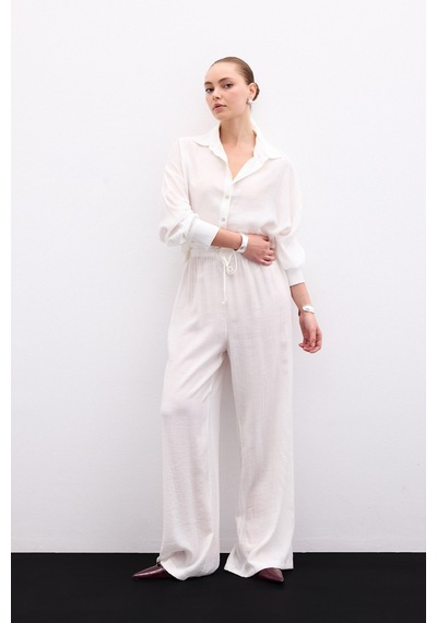 Sateen Bel Lastikli Pantolon - Ekru-136115 Ekru