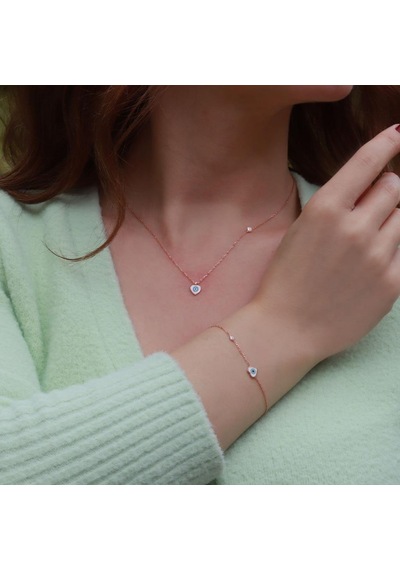 Kalp Figürlü Zirkon Taşlı Mine İşli Rose Gold Kaplama Gümüş Set Gümüş