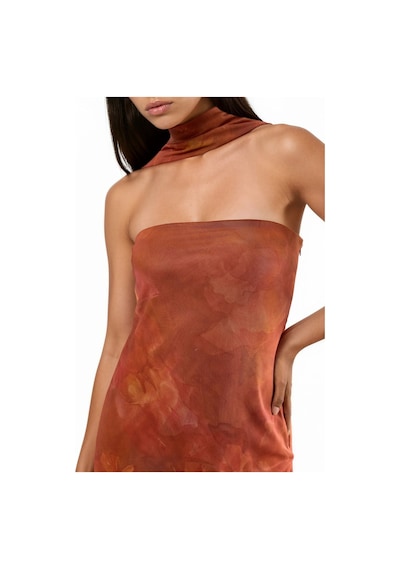 Hiccup Straplez Çiçek Desenli Tül Kuşaklı Bodycon Maxi Elbise Parlak Turuncu