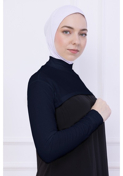 Loggia Balıkçı Yaka Boyunluklu Kolluk Lacivert - Likralı Dik Yakalı Kadın Body Tesettür Crop Bolero Lacivert