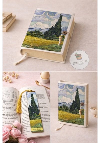 Kitap Kılıfı Ve Metal Kitap Ayracı Seti Van Gogh Selvi Ağaçlı Buğday Tarlası