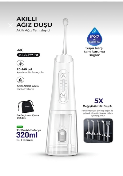 Nvg Ipx7 Ağız Duşu 320ml 5 Başlık 4 Mod 20-140 Psı Şarjlı Kablosuz Pro Diş Temizleme Cihazı Yeni Nesil