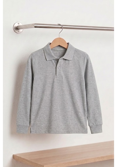 Nacar Store Unisex Çocuk Uzun Kollu Polo Yaka Lakost Okul Tişörtü Gri