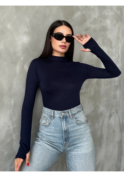 %95 Pamuklu Parmak Geçmeli Kadın Body Esnek Kumaş Lacivert