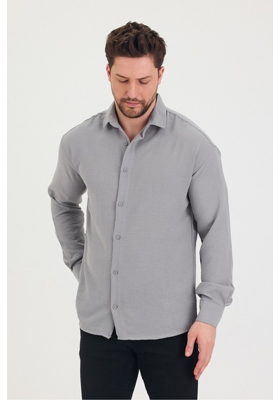 Cool Tarz Erkek Slim Fit Dar Kalıp Uzun Kol Pamuklu Keten Efekt Gömlek Gri Gri