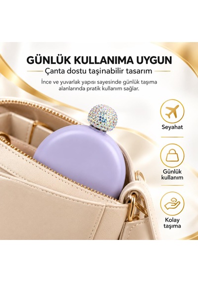 Lüks Taş İşlemeli Renkli Paslanmaz Çelik İçki Matarası 5 Oz 150 Ml. Cep Çanta Kamp Outdoor Hediyelik Lila