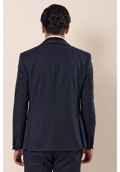 İmza Koyu Lacivert Desenli Çıkarılabilir Şal Yaka Yelekli 6 Drop Slim Fit Smokin Damatlık Takım 1001230204-Lacivert