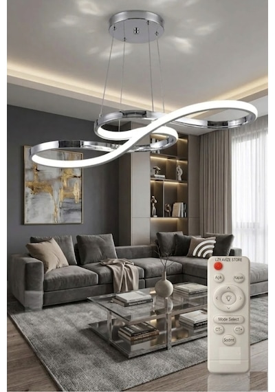 Infinity Krom Kıvrımlı Kumandalı Modern Led Avize 3 Renk Salon, Yemek Masası Ve Mutfak İçin Gümüş