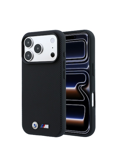 Apple iPhone Uyumlu 18 Pro Max Kılıf Bmw  Lisanslı M-safeli Metal Logolu Karbon Fiber Kevlar Kapak Siyah