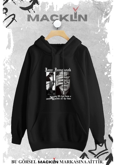 Macklin Unisex Kadın Erkek Jeon Jungkook Bts Baskılı Kapşonlu Sweatshirt Siyah Mck1017 Siyah