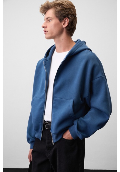 Grımelange Songulo Erkek Fermuarlı Kapüşonlu Mavi Sweatshirt