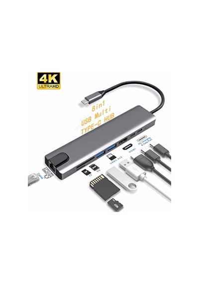 8 In 1 Ethernet Sd Usb Type C Hub Hdmi Girişli Apple Uyumlu MacBook Çevirici