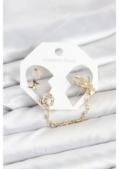 Pirinç Gold Renk Kelebekli Model Zincir Bağlantılı Ear Cuff Küpe Seti Diğer