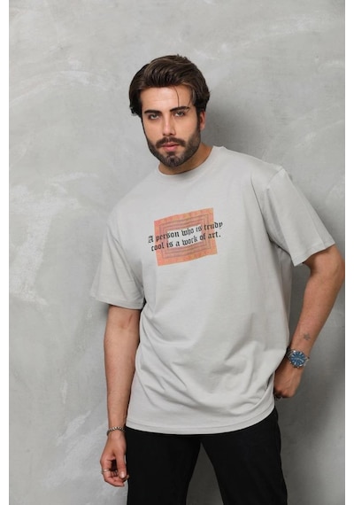 Erkek Baskılı T-shirt Kısa Kol Bisiklet Yaka Regular Fit Rahat Kalıp Tişört - Gri