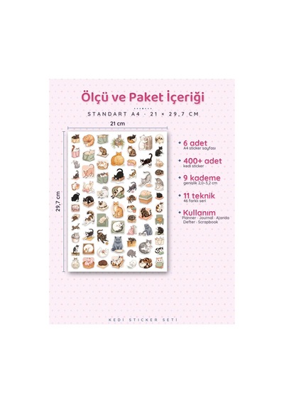 Kedi Sticker Seti 400+ Adet 9 Farklı Boy Suluboya Guaş Ajanda Planner Scrapbook Journal 6 Sayfa A4 Çok Renkli