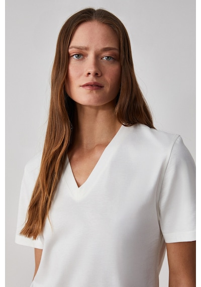 Grımelange Alıne Kadın %100 Organik Pamuk Derin V Yakalı Comfort Fit Beyaz T-shirt Beyaz