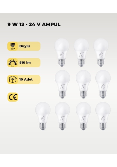 9w 12-24v Ampul 6500k - Beyaz Işık - E-27 Duy - 10 Adet Beyaz